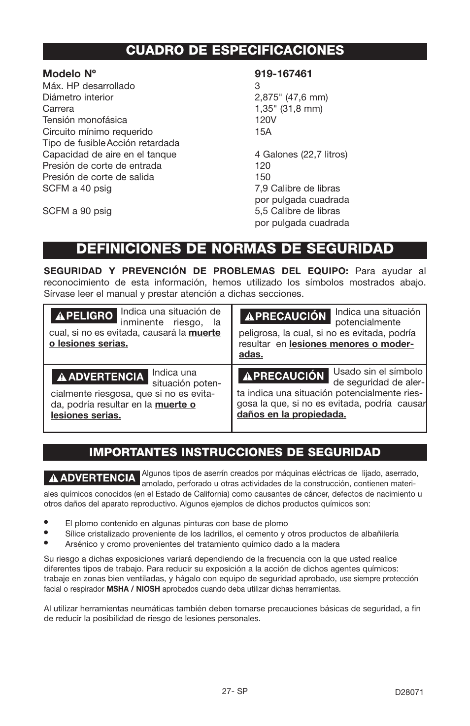 Definiciones de normas de seguridad, Cuadro de especificaciones, Importantes instrucciones de seguridad | Craftsman 919.167461 User Manual | Page 23 / 44