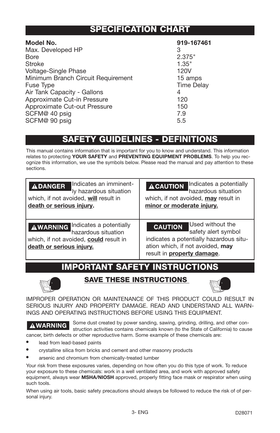 Specification chart, Safety guidelines - definitions, Important safety instructions | Save these instructions | Craftsman 919.167461 User Manual | Page 3 / 44