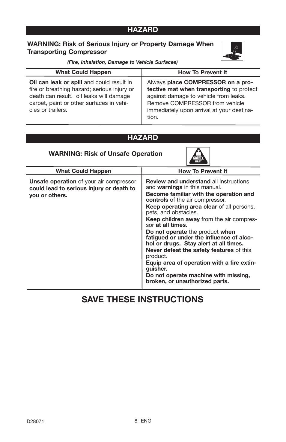 Save these instructions, Hazard | Craftsman 919.167461 User Manual | Page 8 / 44