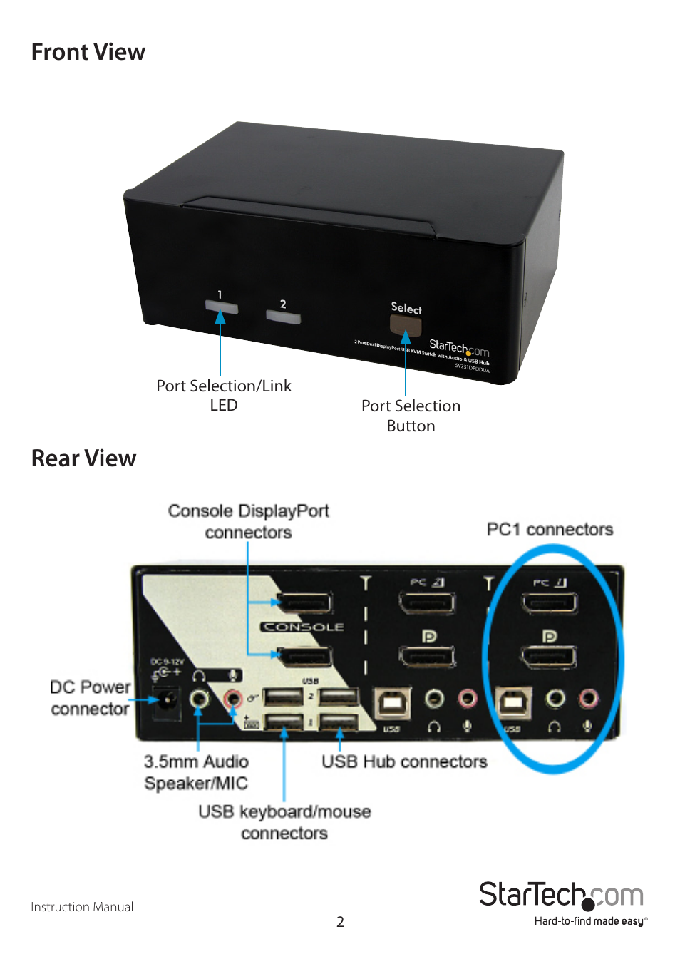 Front view rear view | StarTech.com SV231DPDDUA User Manual | Page 5 / 15