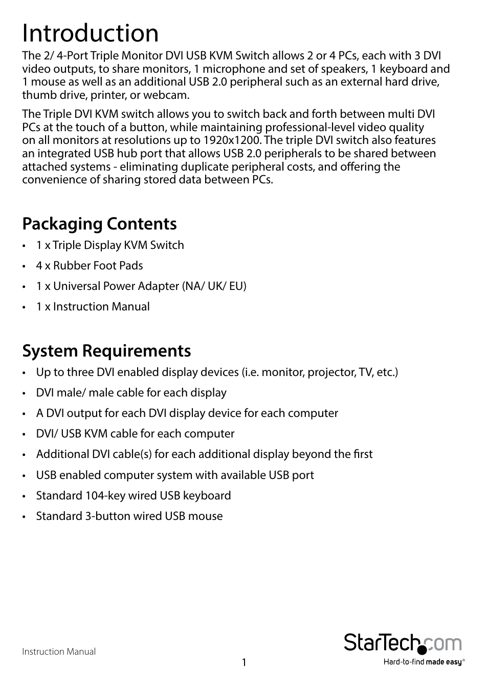 Introduction, Packaging contents, System requirements | Packaging contents system requirements | StarTech.com SV431TDVIUA User Manual | Page 4 / 15