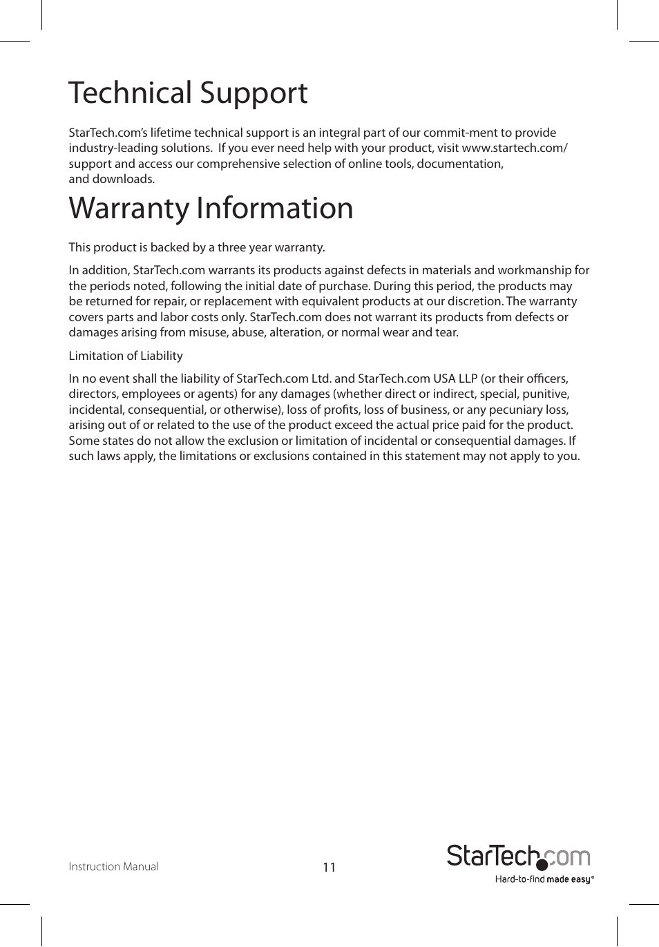 Technical support, Warranty information | StarTech.com SV431DVIUAHR User Manual | Page 14 / 15