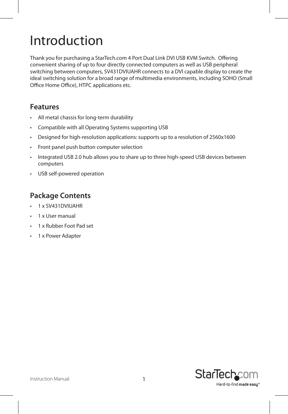 Introduction, Features, Package contents | StarTech.com SV431DVIUAHR User Manual | Page 4 / 15