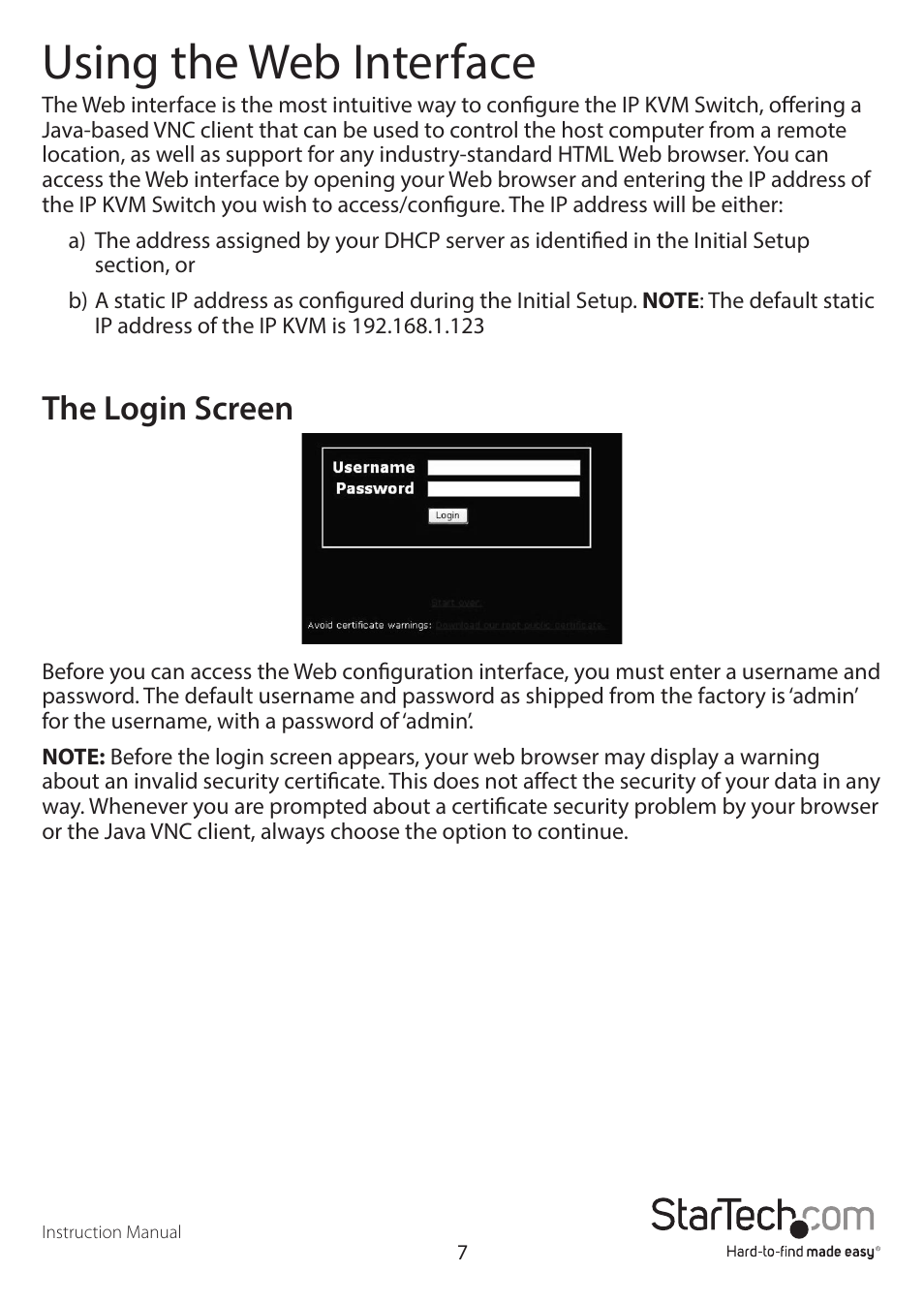 Using the web interface, The login screen | StarTech.com SV841DUSBI User Manual | Page 12 / 52