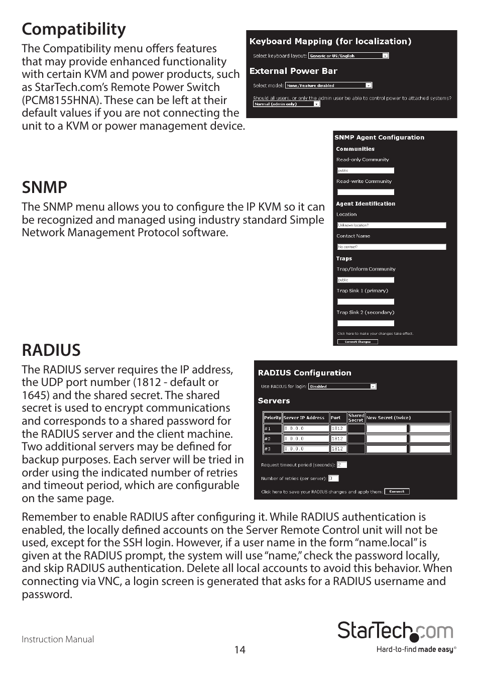 Compatibility, Snmp, Radius | StarTech.com SV841DUSBI User Manual | Page 19 / 52