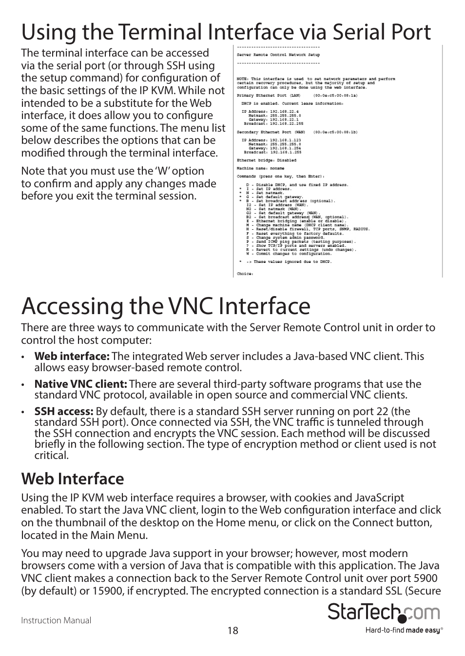 Accessing the vnc interface, Using the terminal interface via serial port, Web interface | StarTech.com SV841DUSBI User Manual | Page 23 / 52