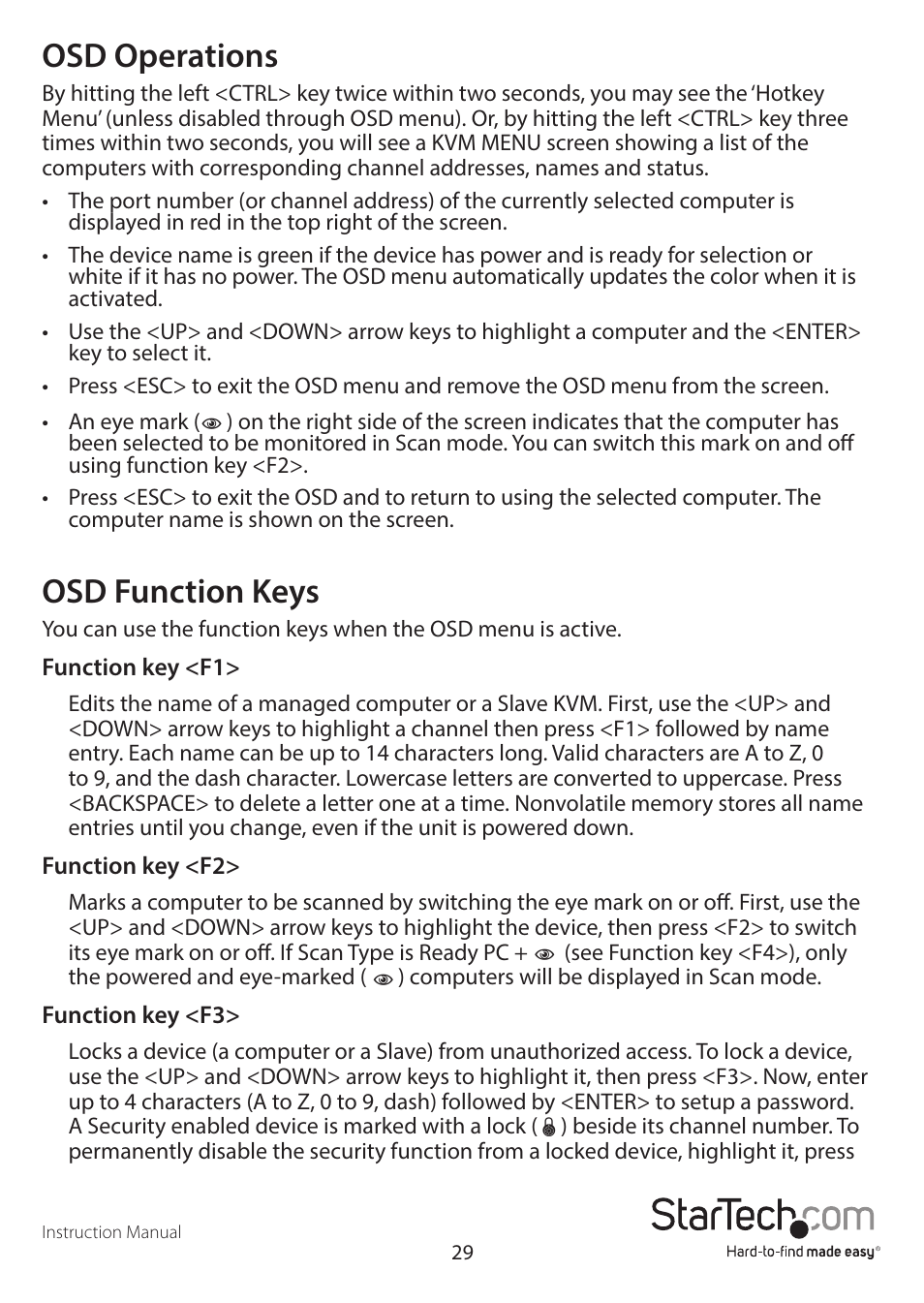 Osd operations, Osd function keys | StarTech.com SV841DUSBI User Manual | Page 34 / 52