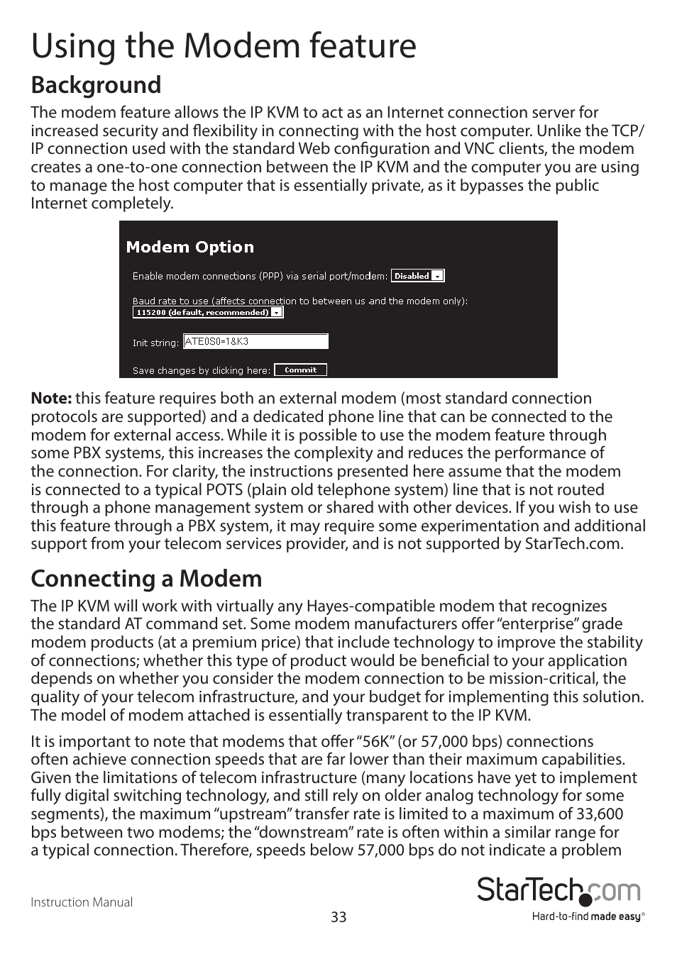 Using the modem feature, Background, Connecting a modem | StarTech.com SV841DUSBI User Manual | Page 38 / 52