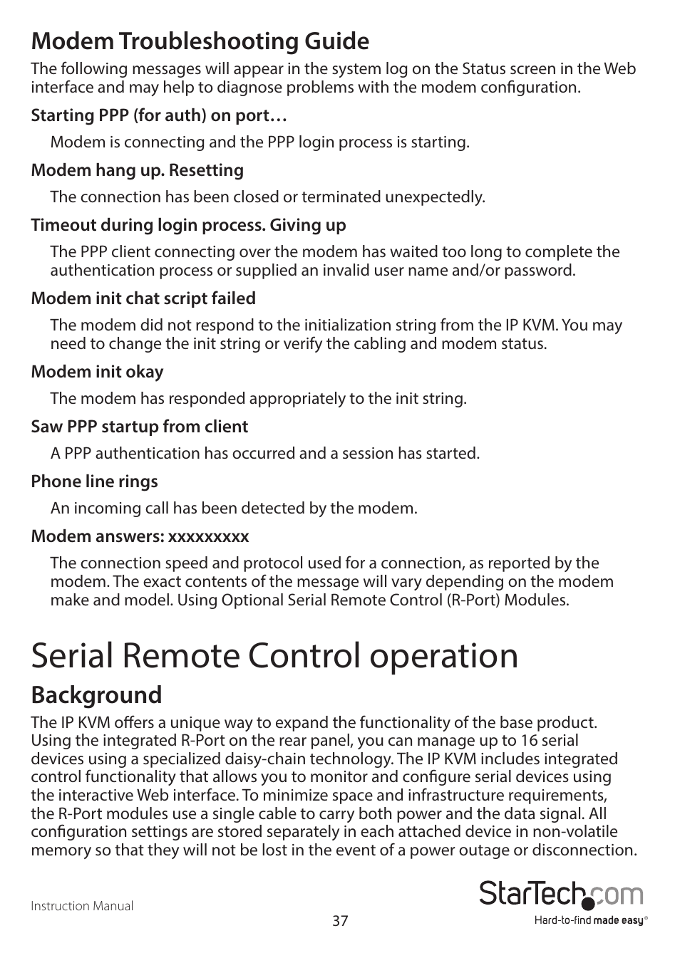 Serial remote control operation, Modem troubleshooting guide, Background | StarTech.com SV841DUSBI User Manual | Page 42 / 52