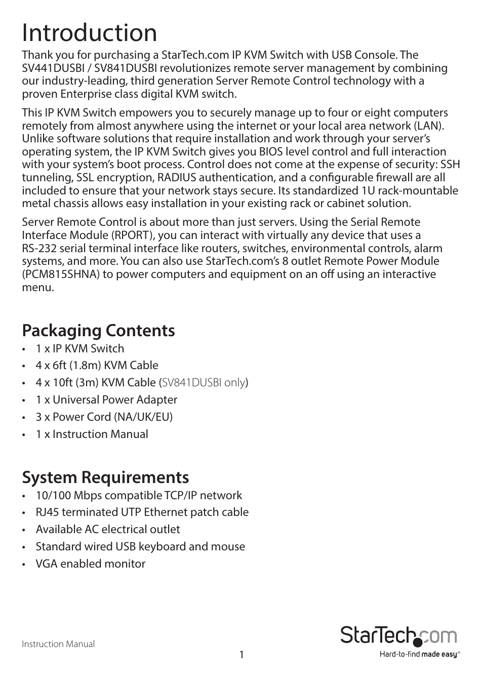 Introduction, Packaging contents, System requirements | StarTech.com SV841DUSBI User Manual | Page 6 / 52