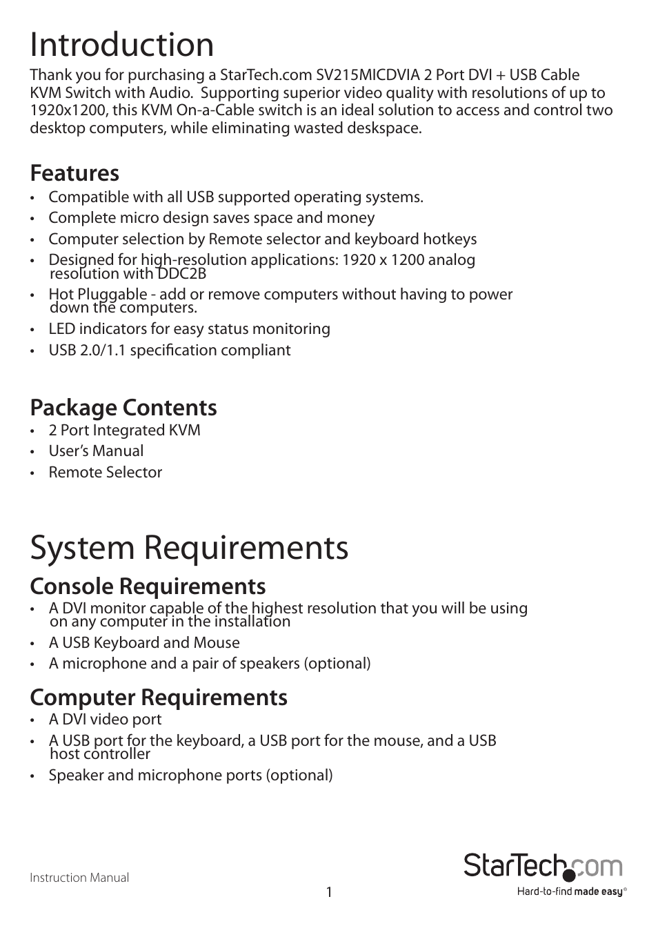 Introduction, System requirements, Features | Package contents, Console requirements, Computer requirements | StarTech.com SV215MICDVIA User Manual | Page 4 / 12