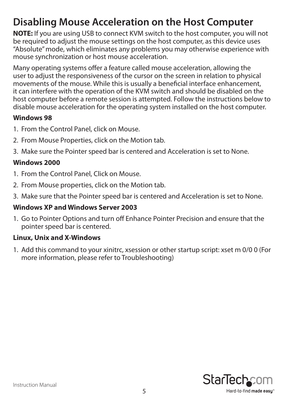 Disabling mouse acceleration on the host computer | StarTech.com SV1641HDIE User Manual | Page 10 / 58
