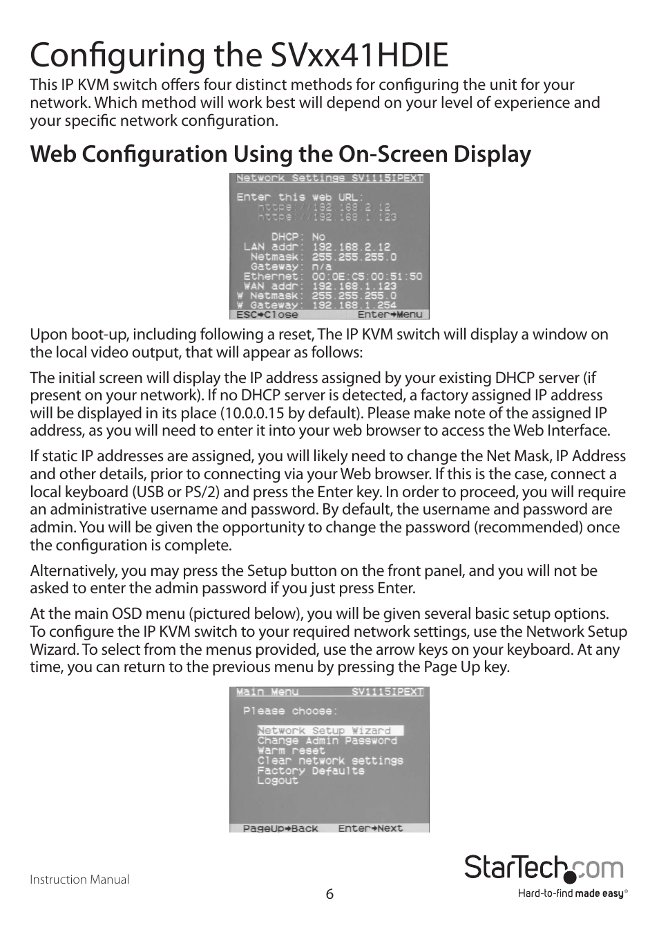 Configuring the svxx41hdie, Web configuration using the on-screen display | StarTech.com SV1641HDIE User Manual | Page 11 / 58