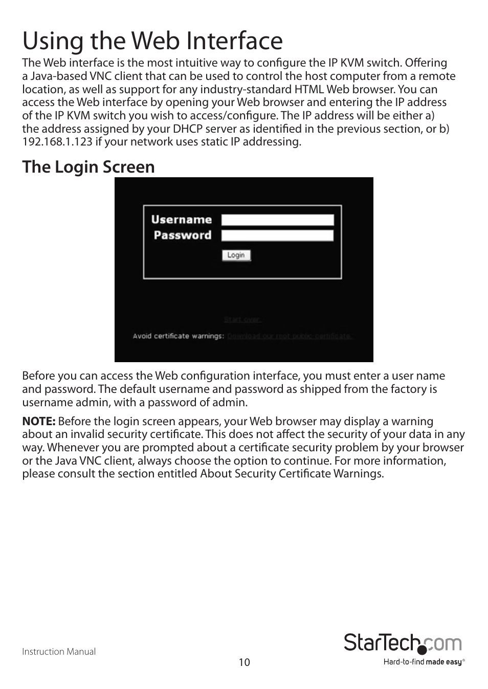 Using the web interface, The login screen | StarTech.com SV1641HDIE User Manual | Page 15 / 58