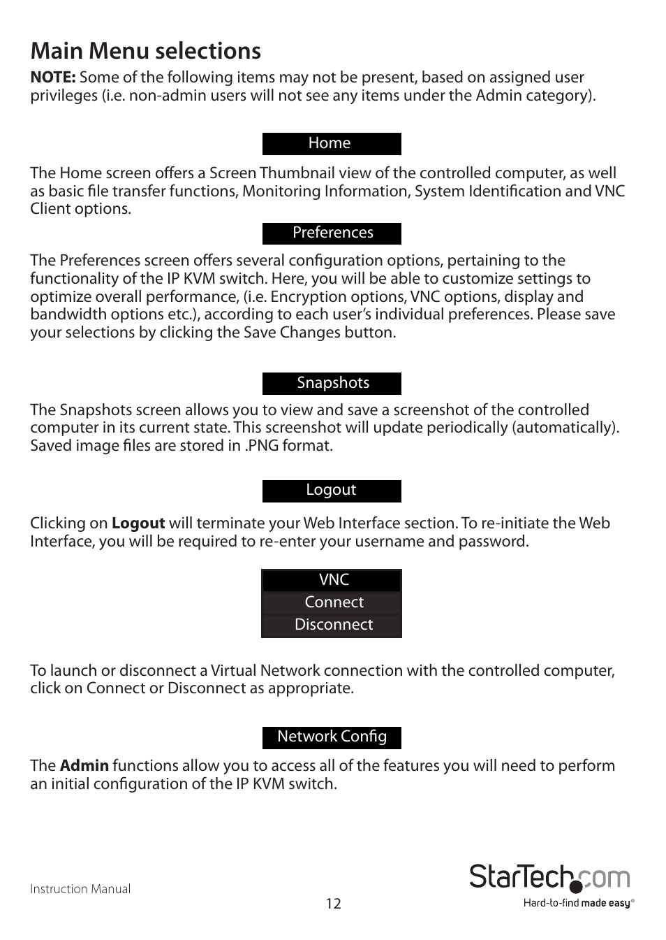 Main menu selections | StarTech.com SV1641HDIE User Manual | Page 17 / 58
