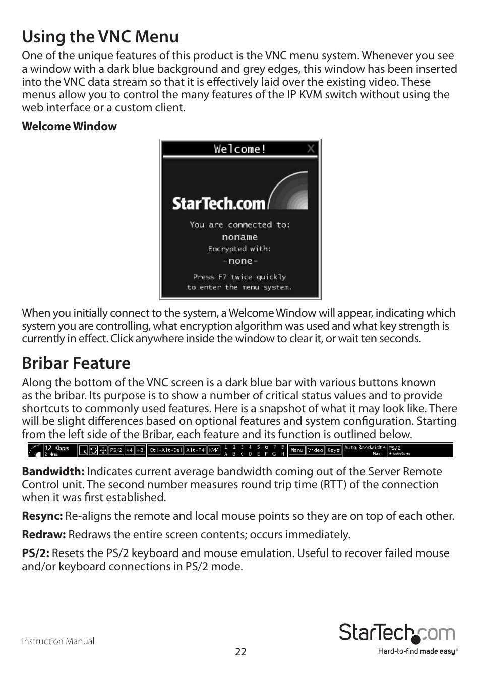 Using the vnc menu, Bribar feature | StarTech.com SV1641HDIE User Manual | Page 27 / 58