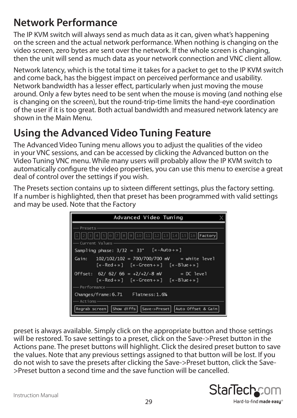 Network performance, Using the advanced video tuning feature | StarTech.com SV1641HDIE User Manual | Page 34 / 58
