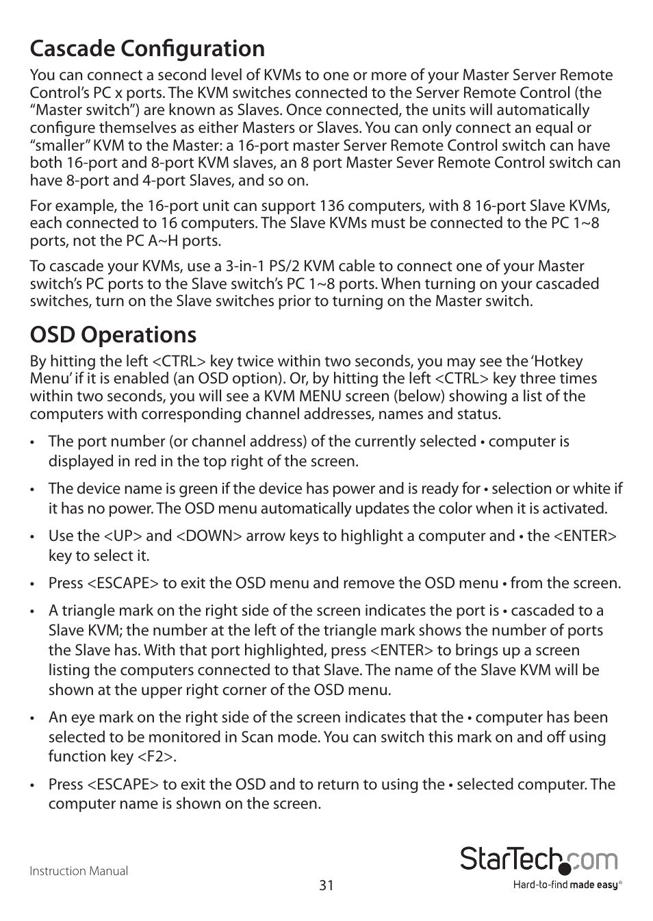 Cascade configuration, Osd operations | StarTech.com SV1641HDIE User Manual | Page 36 / 58