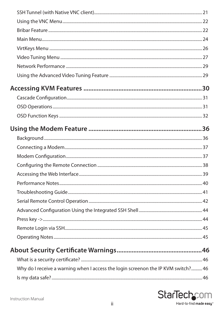 Accessing kvm features, Using the modem feature, About security certificate warnings | StarTech.com SV1641HDIE User Manual | Page 4 / 58