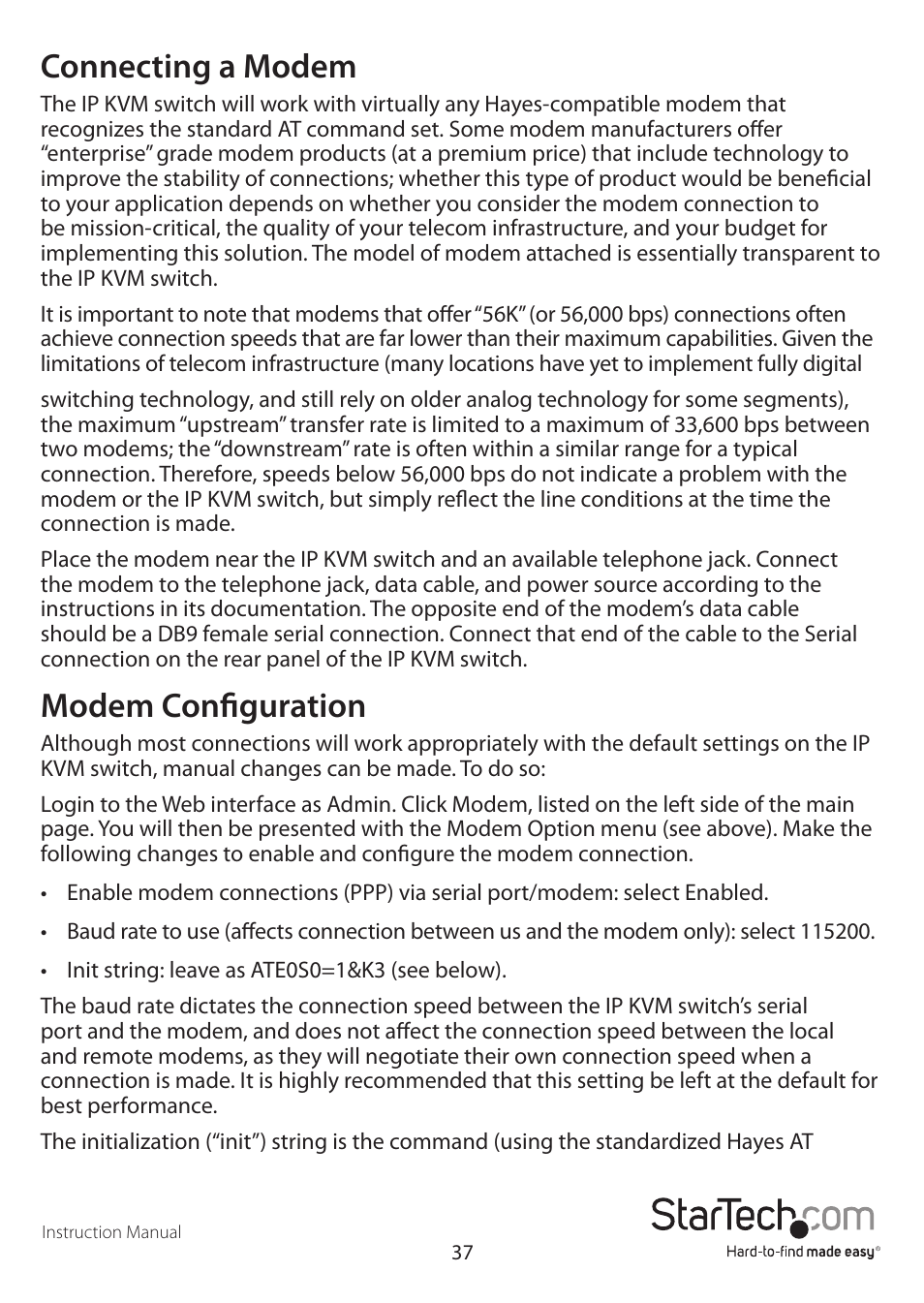 Connecting a modem, Modem configuration | StarTech.com SV1641HDIE User Manual | Page 42 / 58