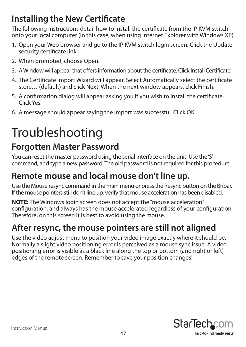 Troubleshooting, Installing the new certificate, Forgotten master password | Remote mouse and local mouse don’t line up | StarTech.com SV1641HDIE User Manual | Page 52 / 58