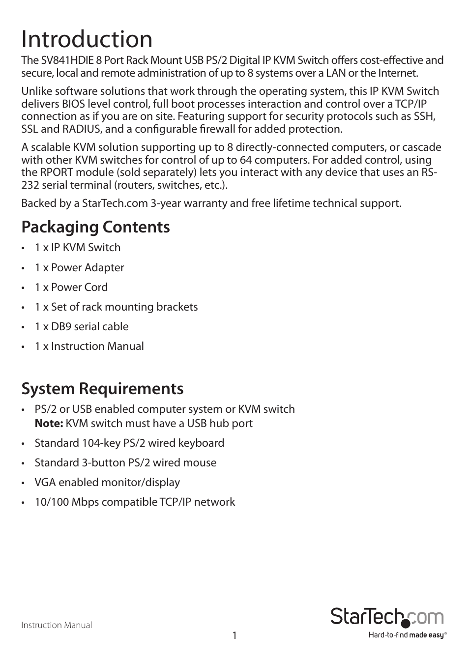 Introduction, Packaging contents, System requirements | StarTech.com SV1641HDIE User Manual | Page 6 / 58