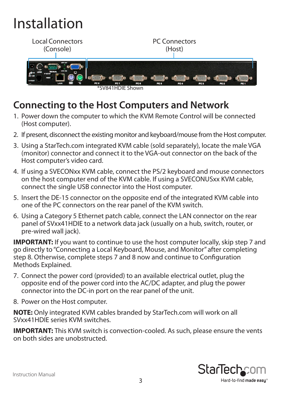Installation, Connecting to the host computers and network | StarTech.com SV1641HDIE User Manual | Page 8 / 58