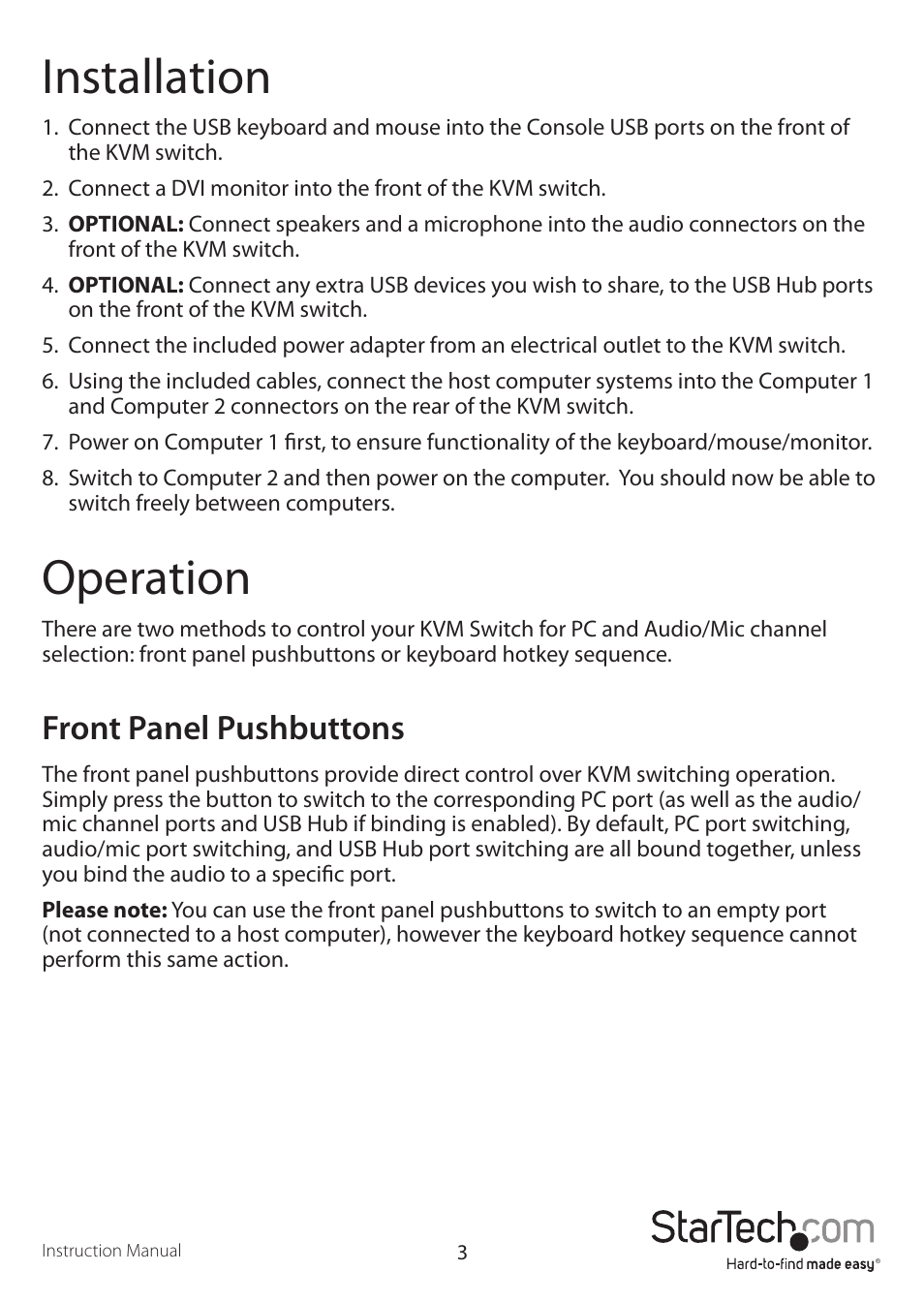 Installation, Operation, Front panel pushbuttons | StarTech.com SV211KDVIEU User Manual | Page 6 / 10