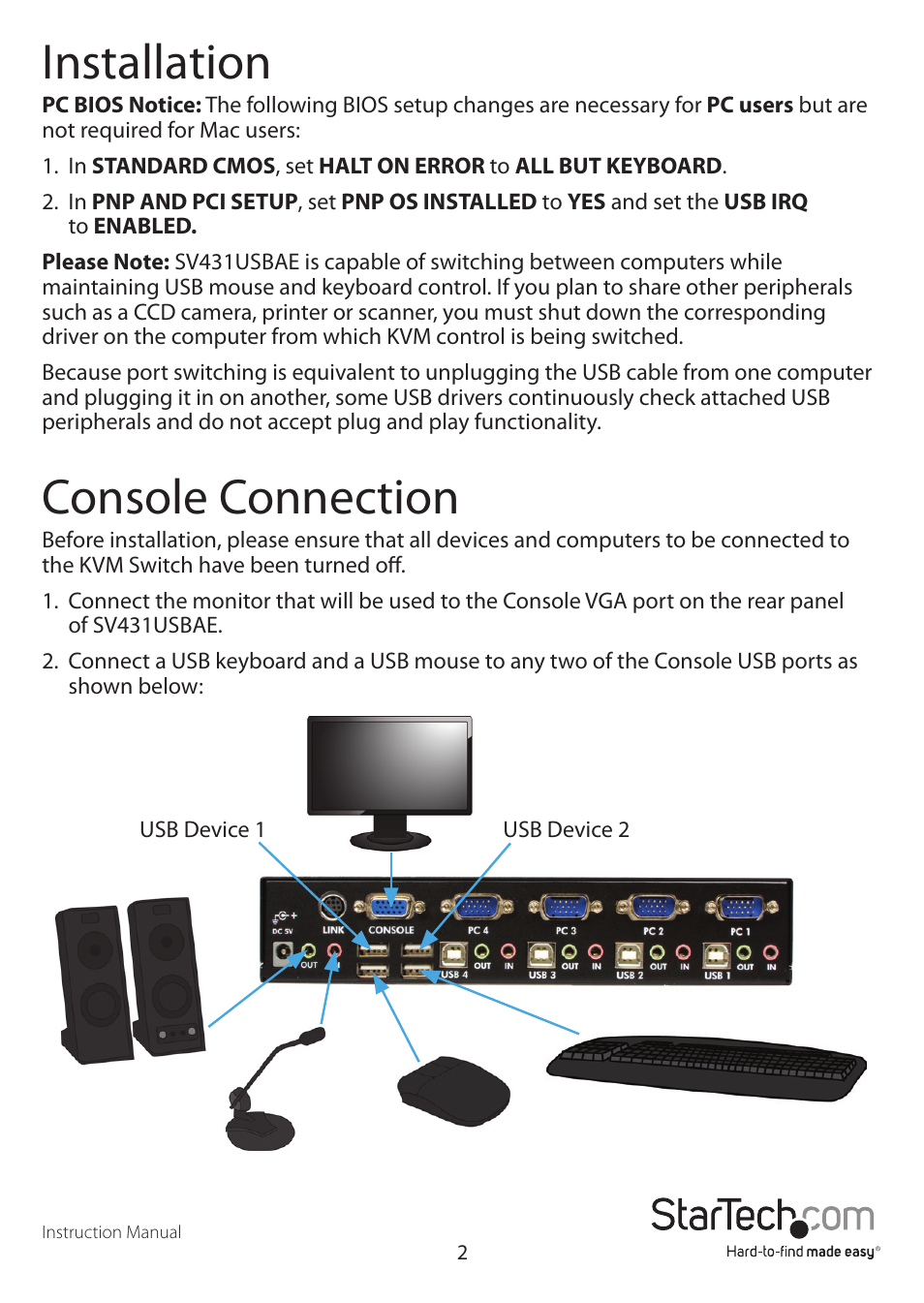 Installation, Console connection | StarTech.com SV431USBAE User Manual | Page 5 / 11
