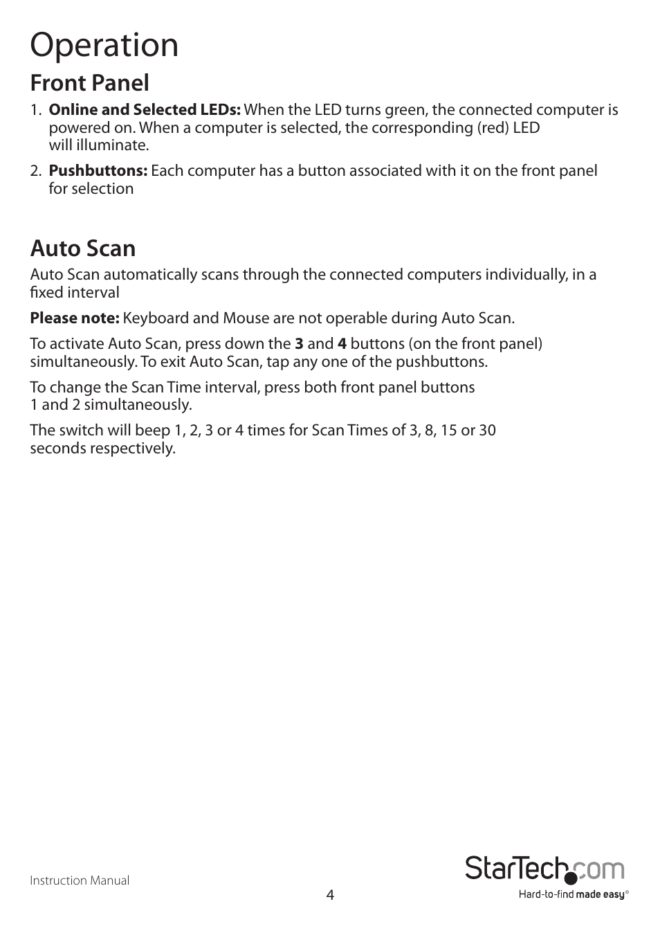 Operation, Front panel, Auto scan | StarTech.com SV431USBAE User Manual | Page 7 / 11