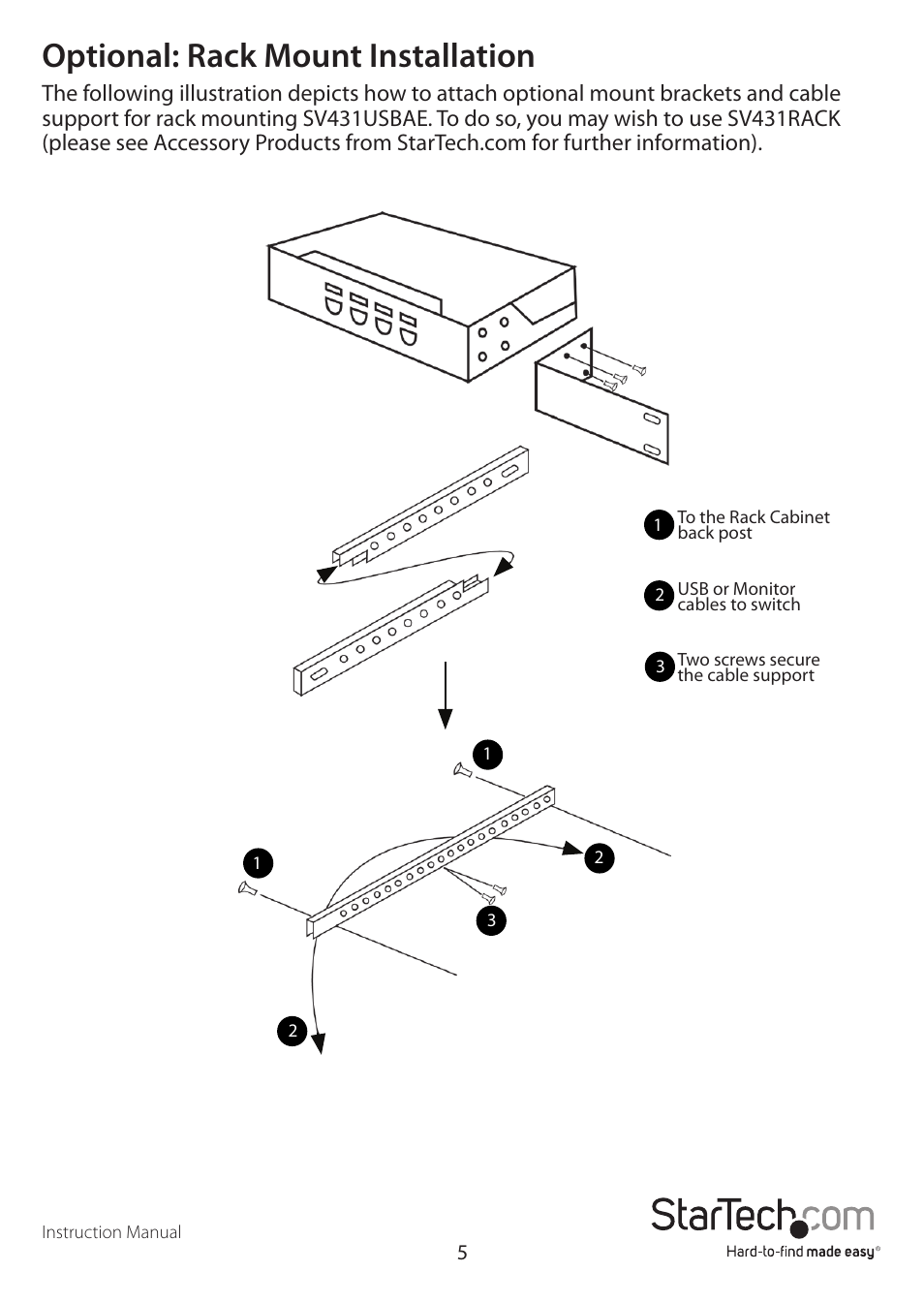 Optional: rack mount installation | StarTech.com SV431USBAE User Manual | Page 8 / 11