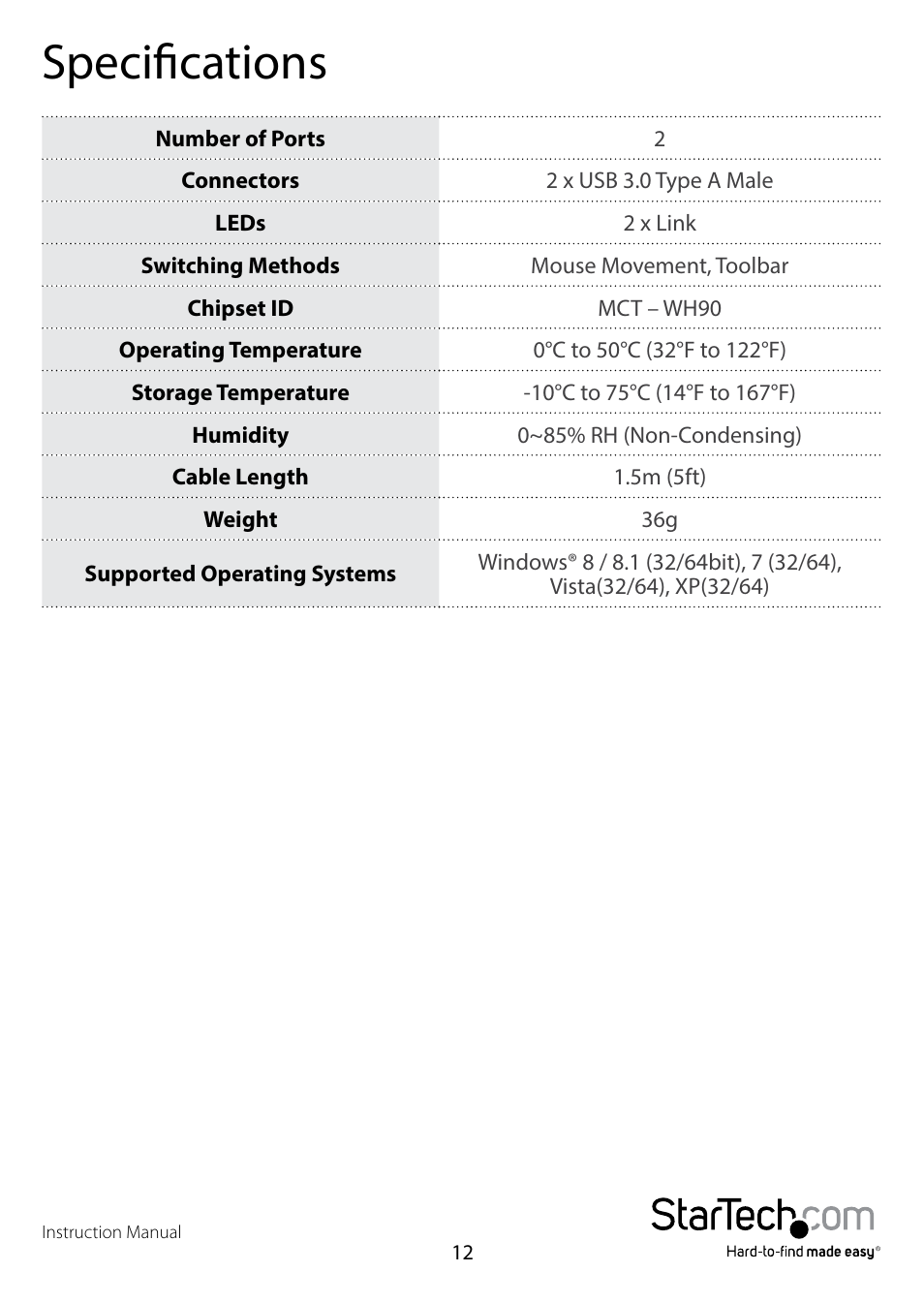 Specifications | StarTech.com SVUSB3DSA User Manual | Page 14 / 16