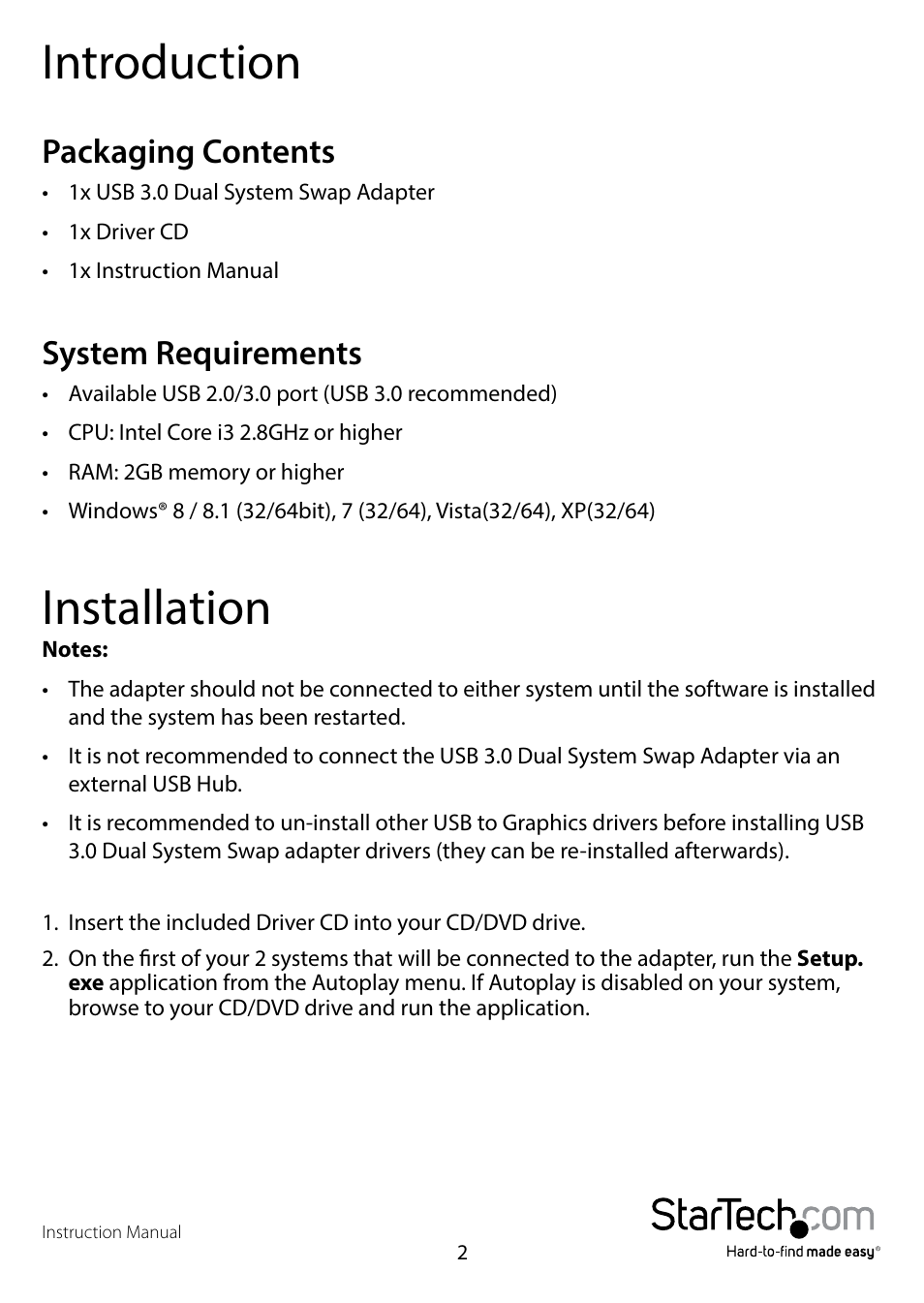Introduction, Packaging contents, System requirements | Installation, Packaging contents system requirements | StarTech.com SVUSB3DSA User Manual | Page 4 / 16