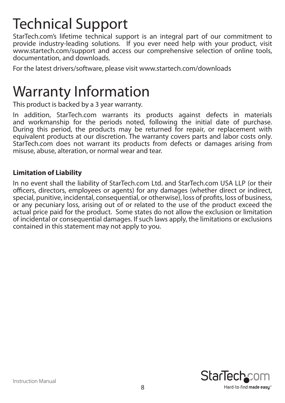 Technical support, Warranty information | StarTech.com SV231 User Manual | Page 11 / 12