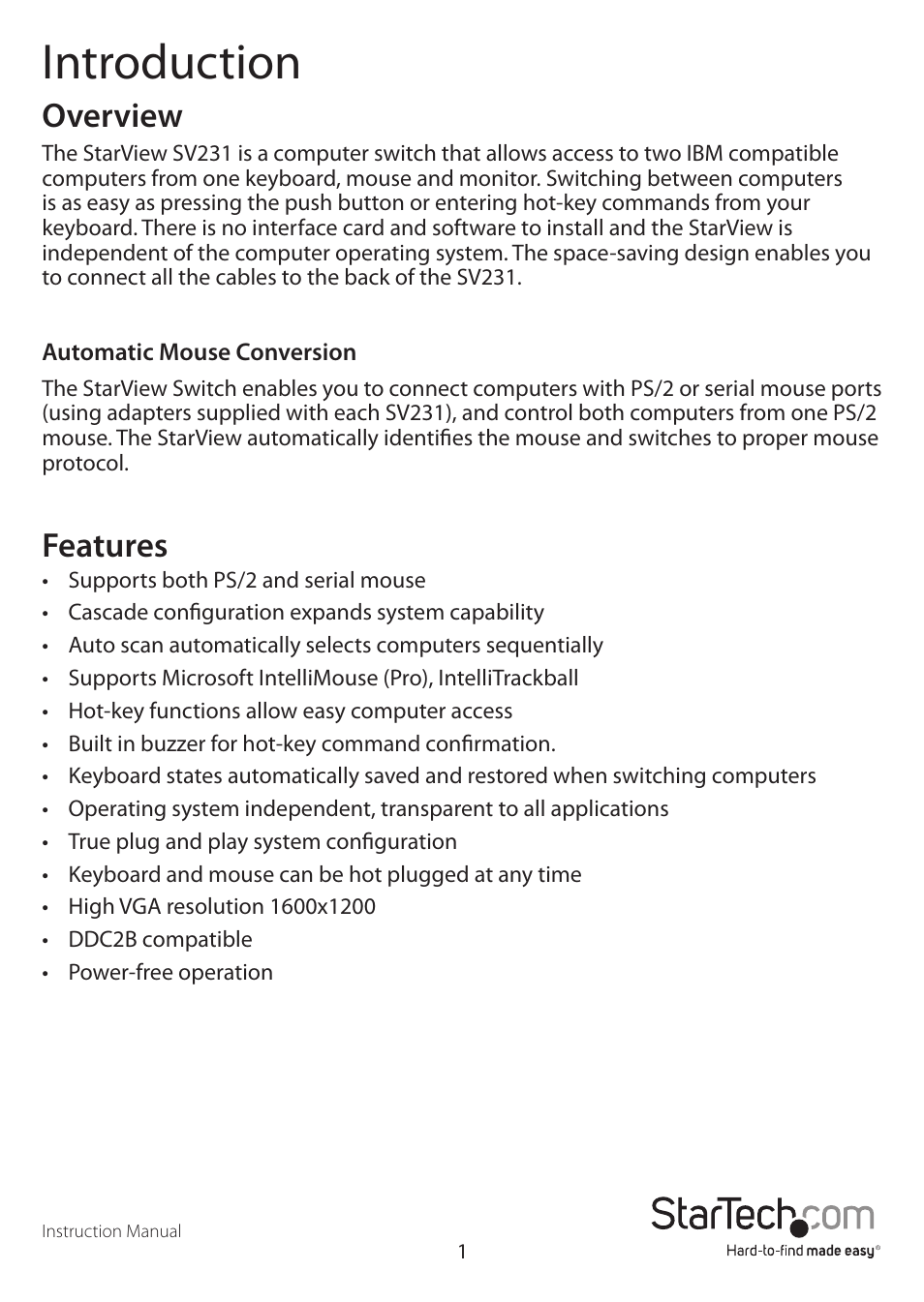 Introduction, Overview, Features | StarTech.com SV231 User Manual | Page 4 / 12