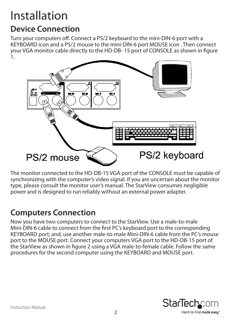 Installation, Device connection, Computers connection | StarTech.com SV231 User Manual | Page 5 / 12