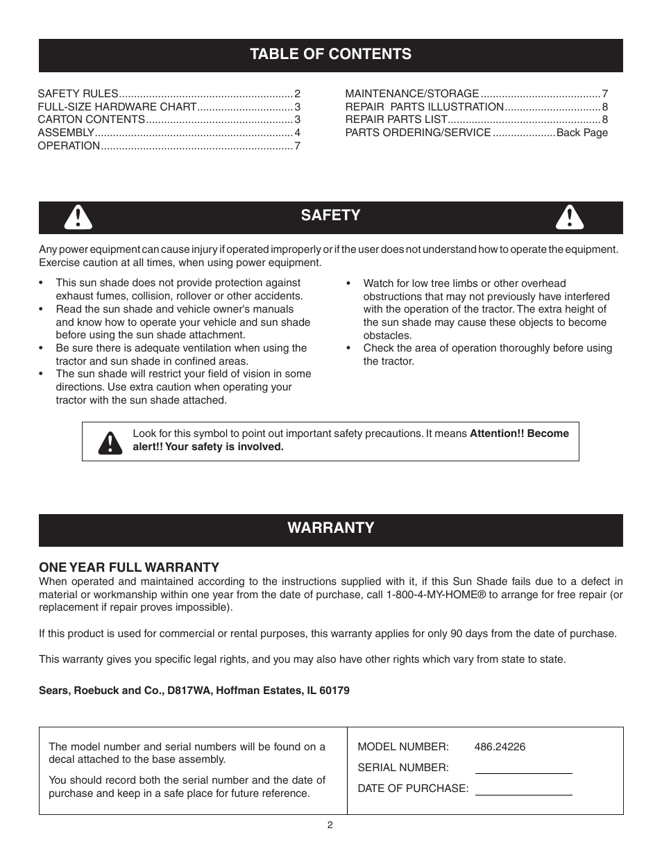 Craftsman Sun Shade 486.24226 User Manual | Page 2 / 12