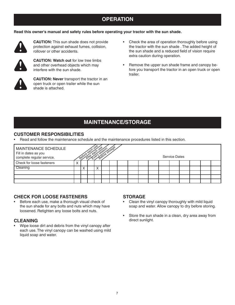 Operation, Maintenance/storage | Craftsman Sun Shade 486.24226 User Manual | Page 7 / 12