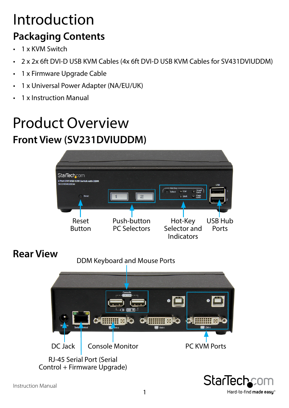 Introduction, Packaging contents, Product overview | Front view (sv231dviuddm), Rear view, Front view (sv231dviuddm) rear view | StarTech.com SV431DVIUDDM User Manual | Page 4 / 12