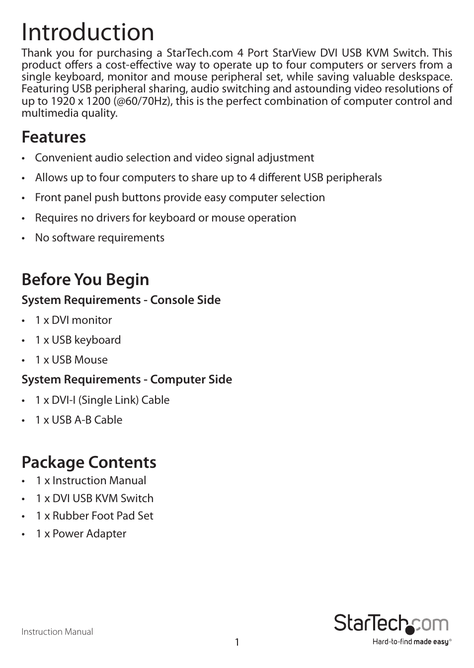 Introduction, Features, Before you begin | Package contents | StarTech.com SV431DVIUA User Manual | Page 4 / 13