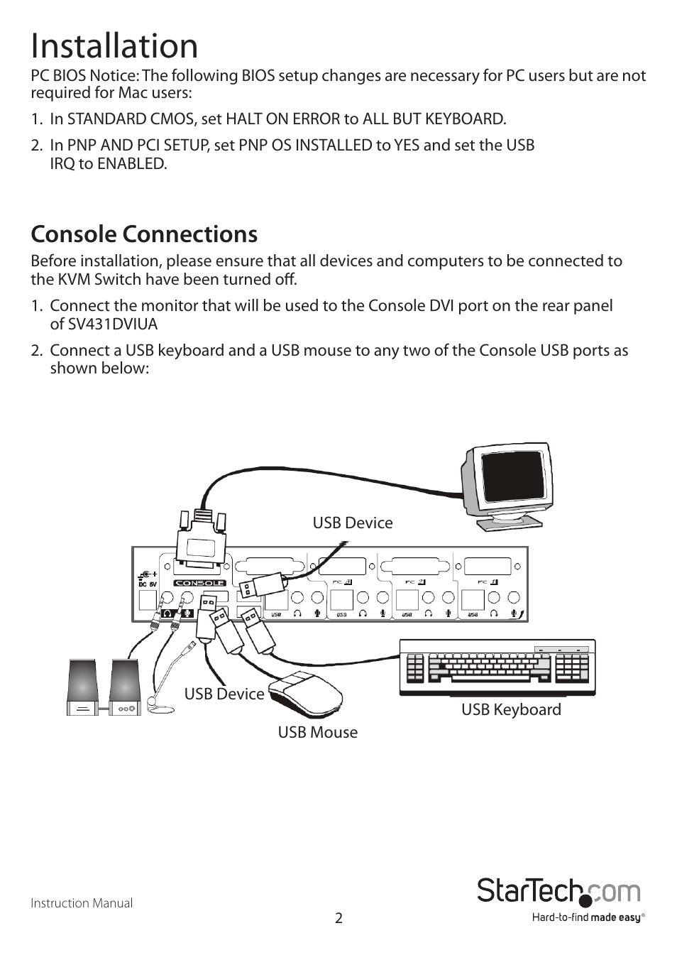 Installation, Console connections | StarTech.com SV431DVIUA User Manual | Page 5 / 13