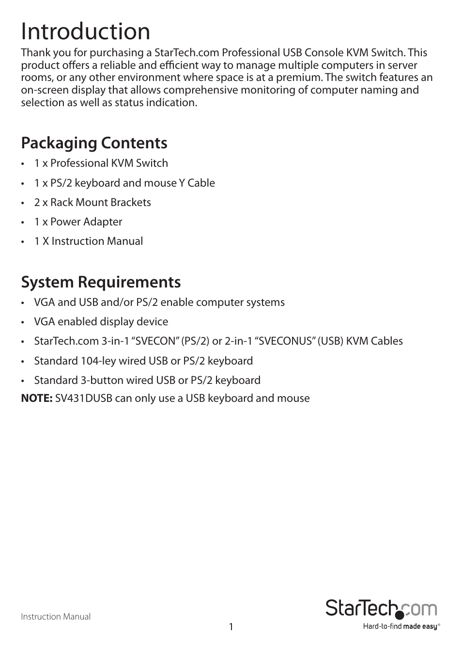 Introduction, Packaging contents, System requirements | StarTech.com SV1631DUSBGB User Manual | Page 4 / 19