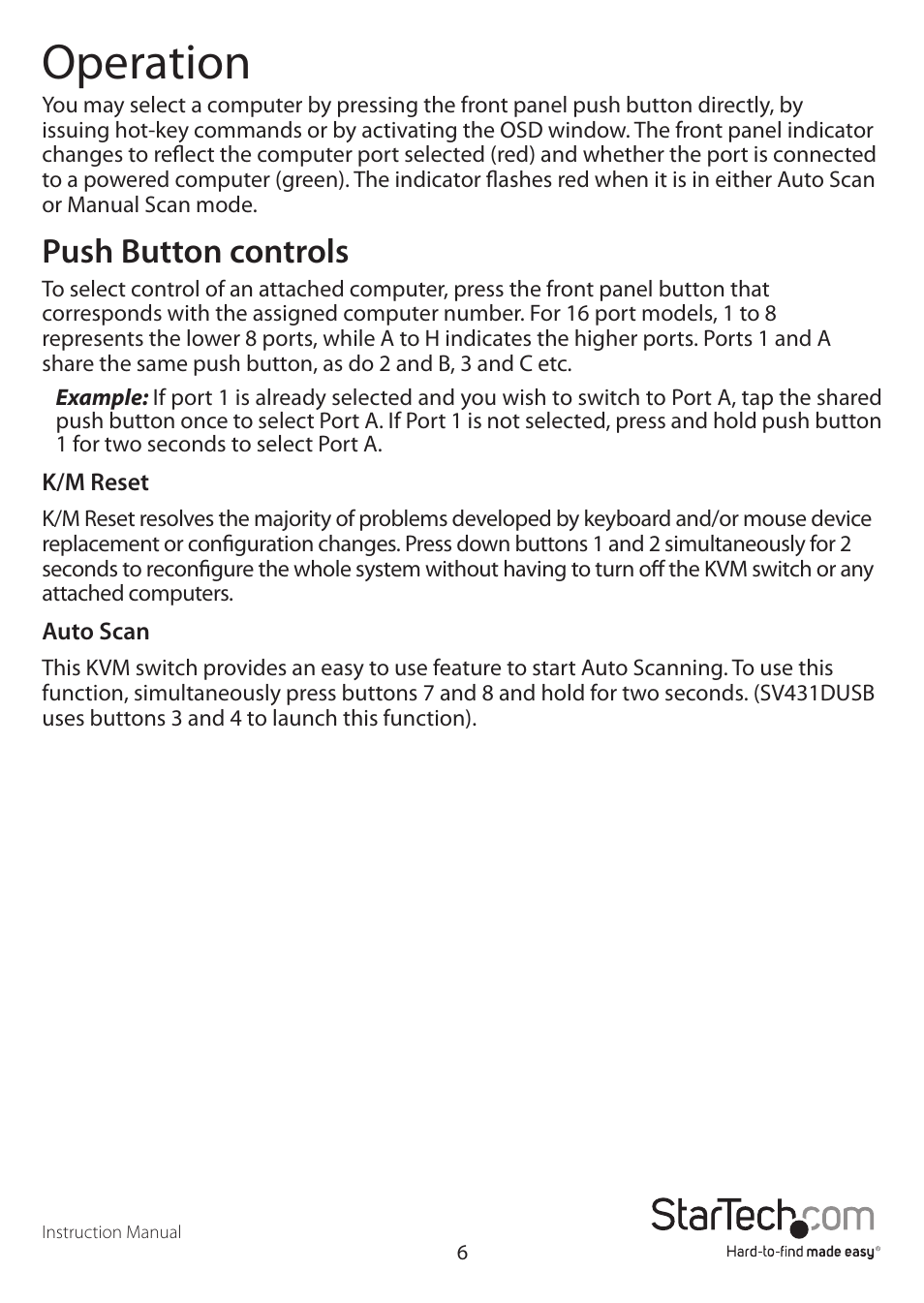 Operation, Push button controls | StarTech.com SV1631DUSBGB User Manual | Page 9 / 19