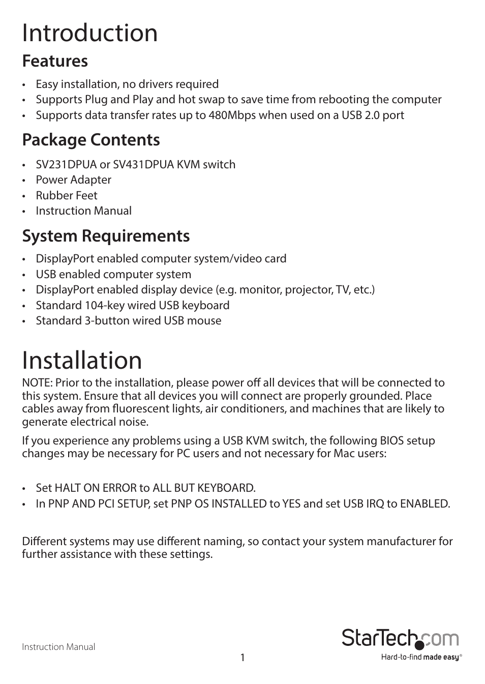 Introduction, Installation, Features | Package contents, System requirements | StarTech.com SV431DPUA User Manual | Page 4 / 17