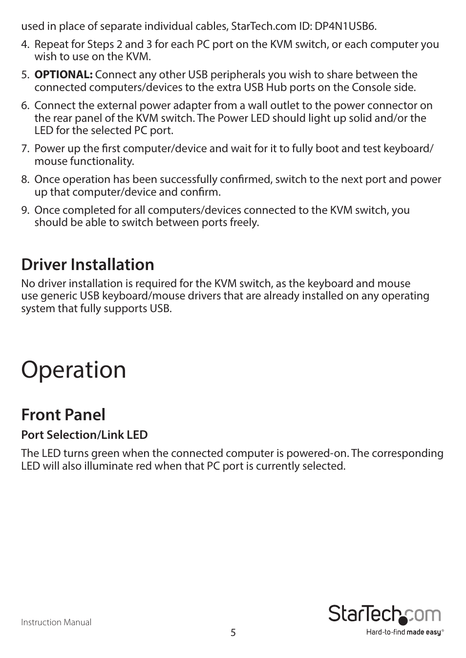 Operation, Driver installation, Front panel | StarTech.com SV431DPUA User Manual | Page 8 / 17