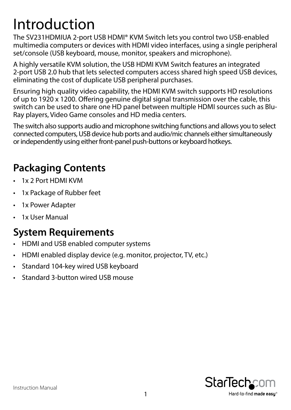 Introduction, Packaging contents, System requirements | Packaging contents system requirements | StarTech.com SV231HDMIUA User Manual | Page 4 / 14