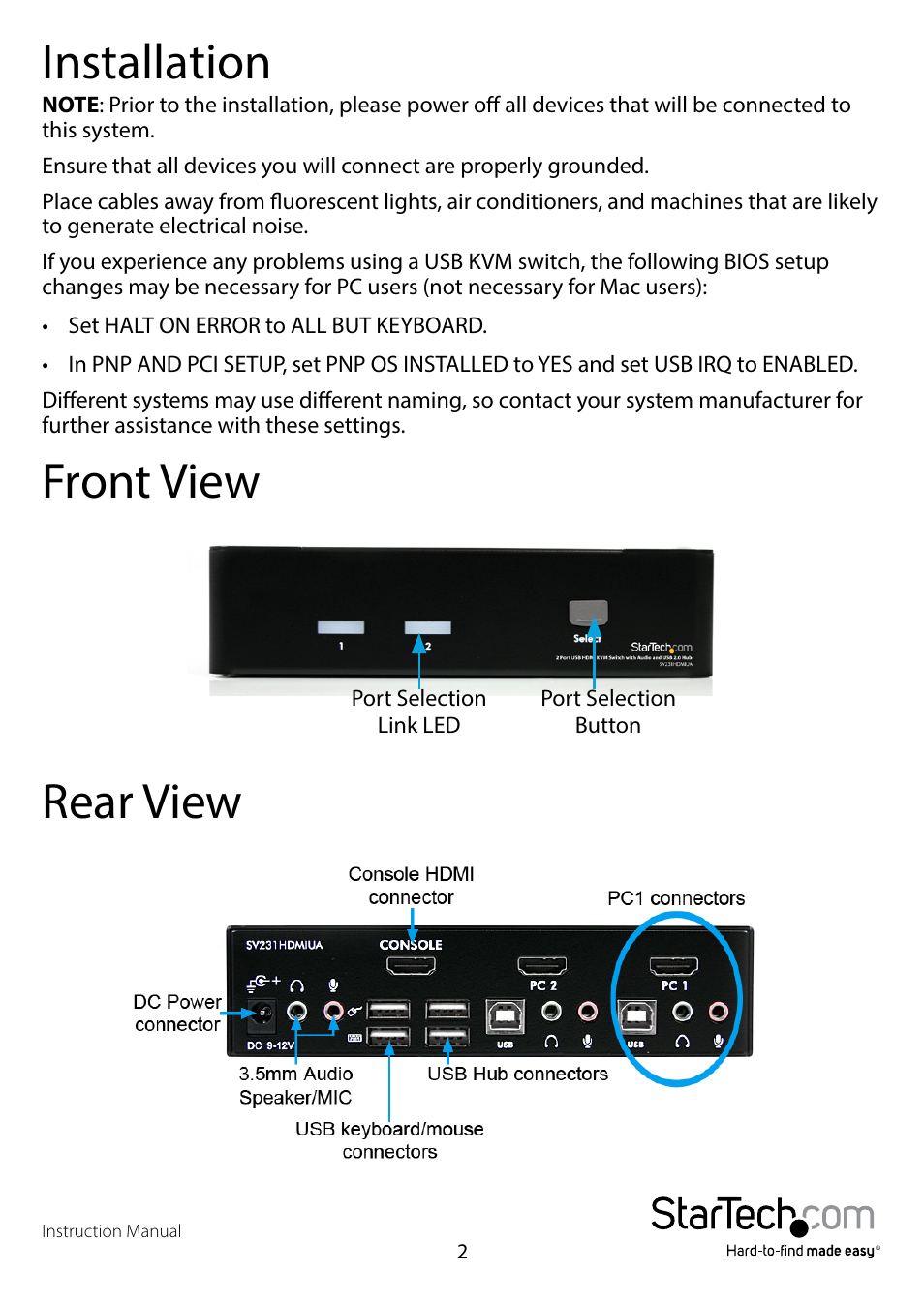 Installation, Front view, Rear view | Front view rear view | StarTech.com SV231HDMIUA User Manual | Page 5 / 14