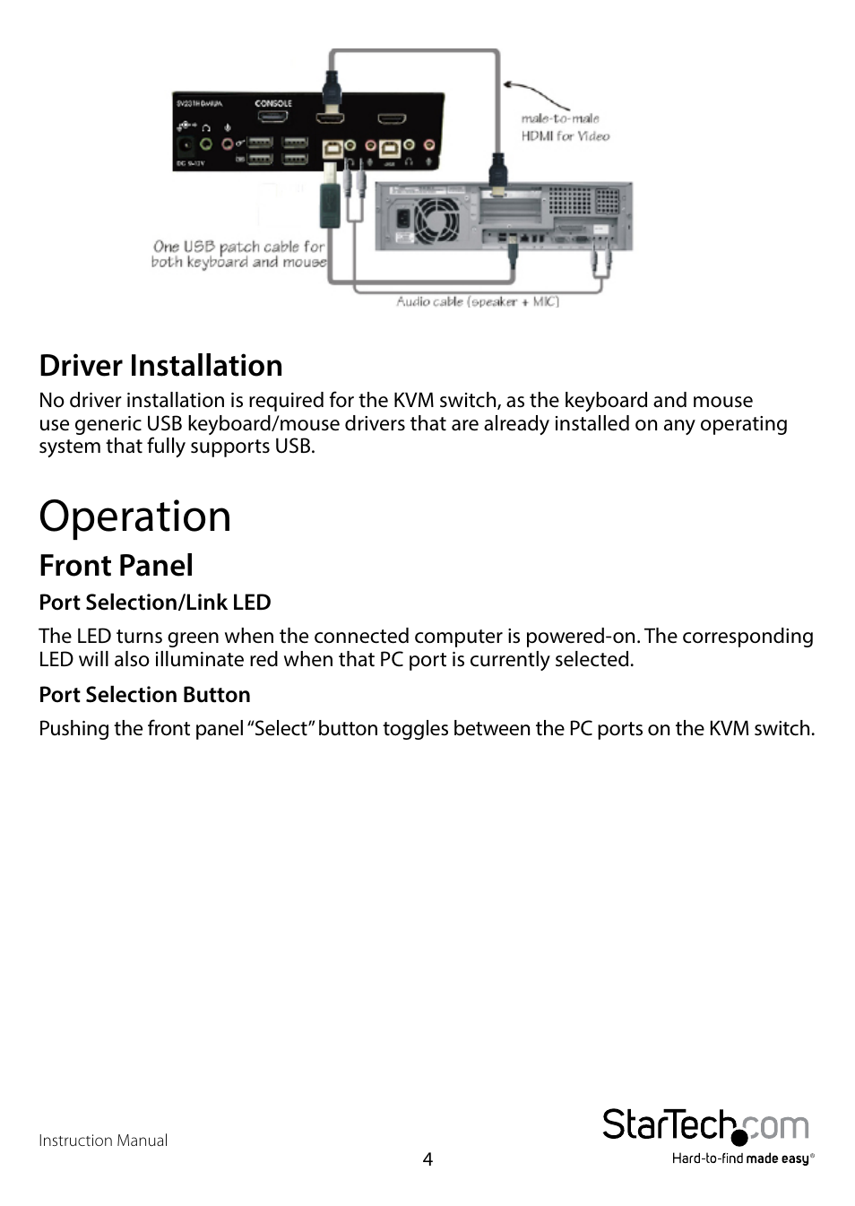 Driver installation, Operation, Front panel | StarTech.com SV231HDMIUA User Manual | Page 7 / 14