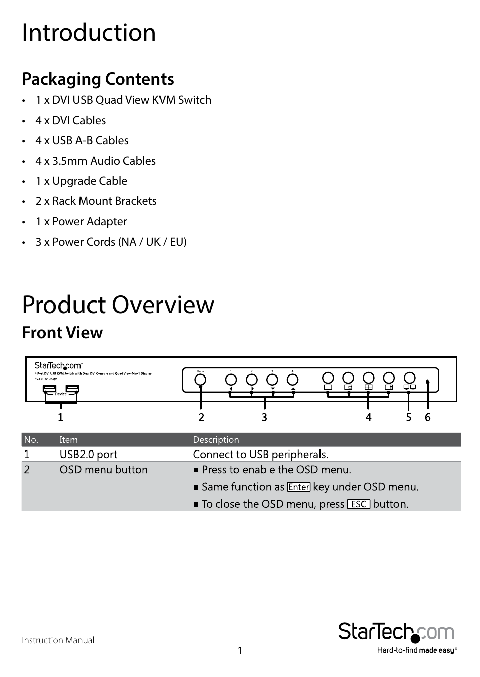 Introduction, Packaging contents, Product overview | Front view | StarTech.com SV431DVIUAQV User Manual | Page 4 / 9