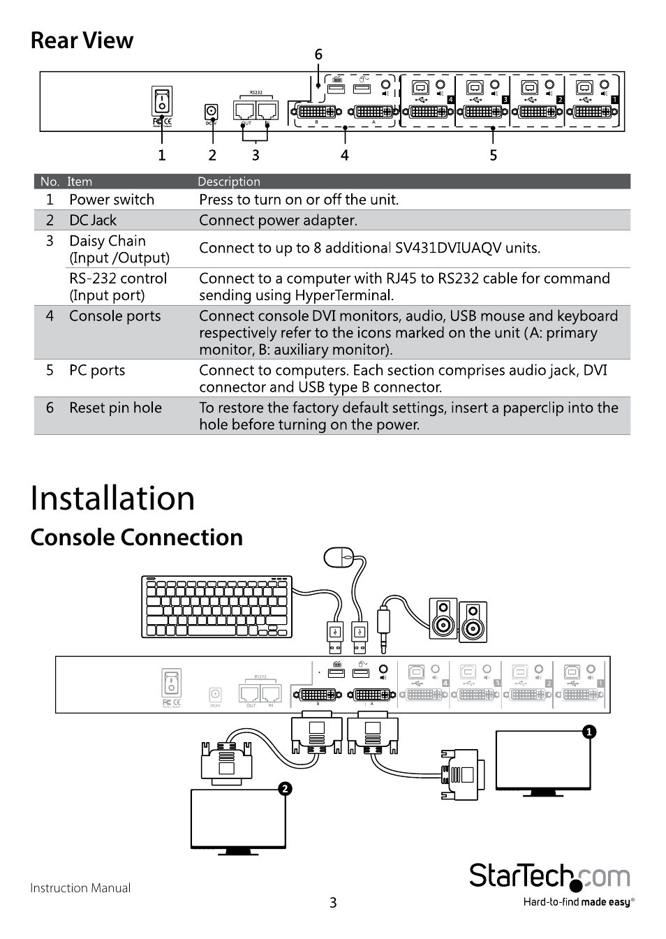 Rear view, Installation, Console connection | StarTech.com SV431DVIUAQV User Manual | Page 6 / 9